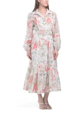 NANCY YANG Lace Trim Floral Shirt Dress